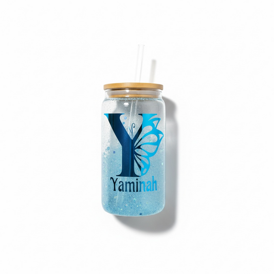 16 oz Personalized Blue Butterfly Initial and name Design, Glitter Snow Globe Tumbler with Engraved Bamboo Lid